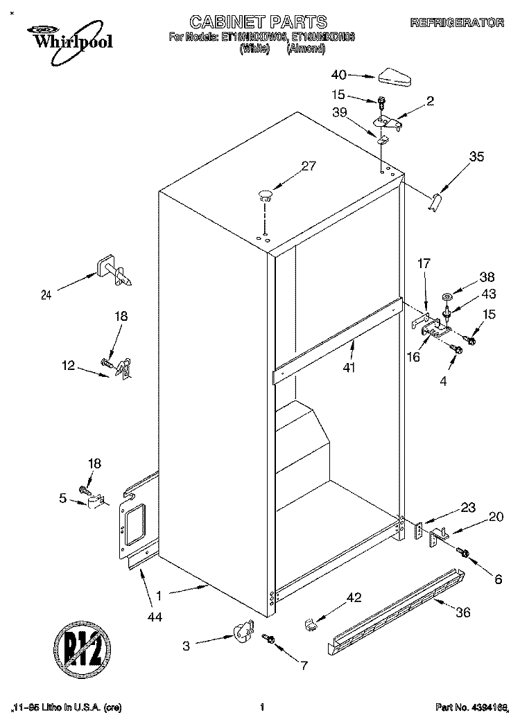 CABINET Diagram and Parts List for ET18NMXDW06  Whirlpool Refrigerator