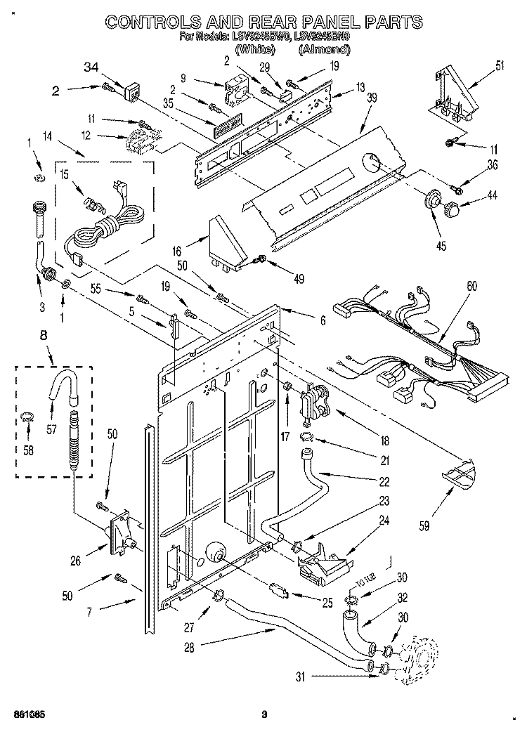 CONTROLS AND REAR PANEL Diagram and Parts List for LSV9245BW0  Whirlpool Washer