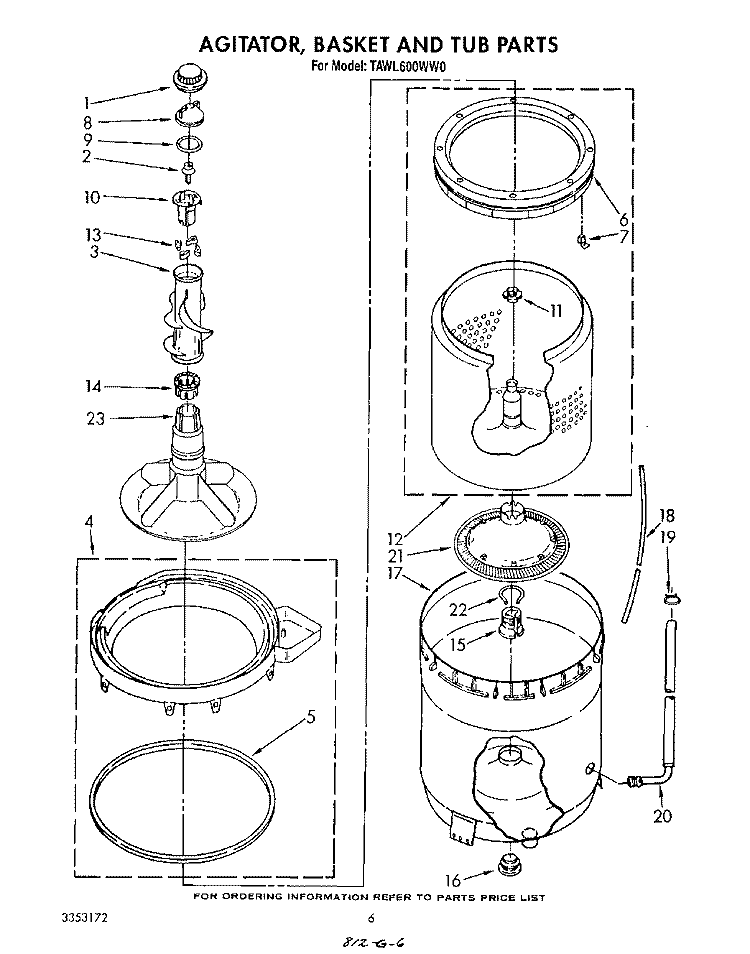AGITATOR, BASKET AND TUB Diagram and Parts List for TAWL600WW0  Estate Washer