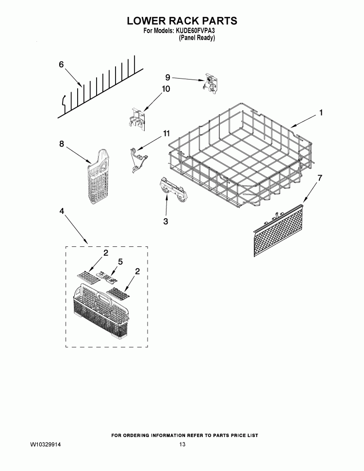 LOWER RACK PARTS Diagram and Parts List for KUDE60FVPA3  KitchenAid Dishwasher