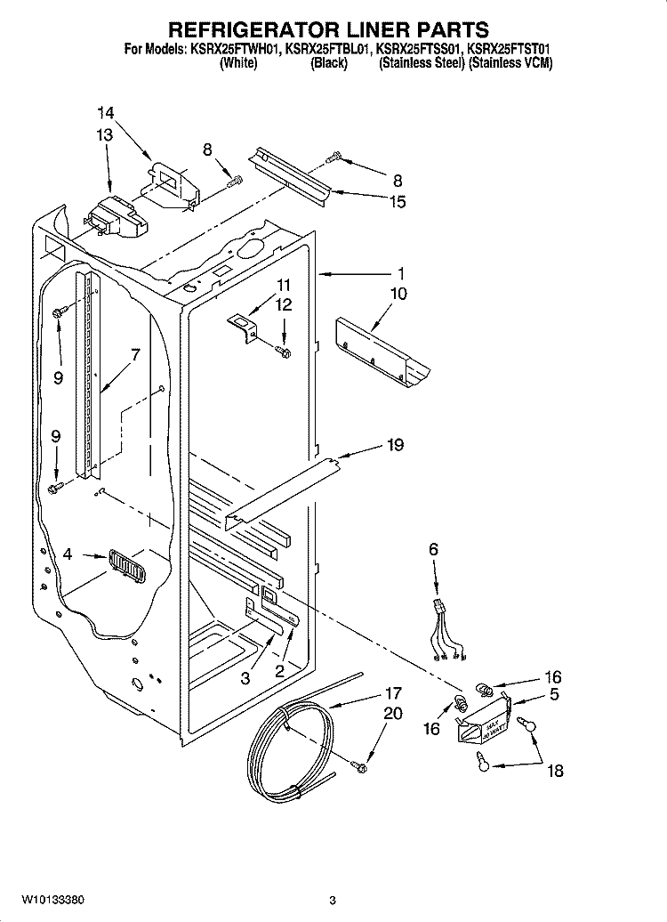 REFRIGERATOR LINER PARTS Diagram and Parts List for KSRX25FTSS01  KitchenAid Refrigerator