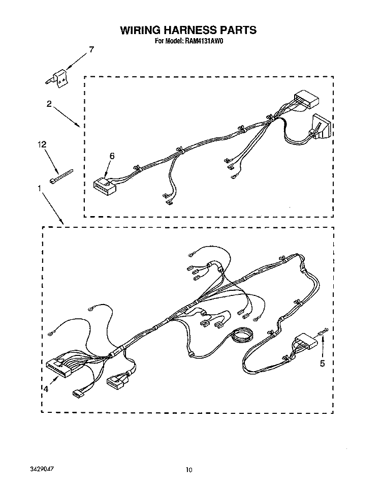 WIRING HARNESS Diagram and Parts List for RAM4131AW0  Whirlpool Washer