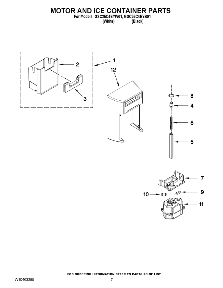 MOTOR AND ICE CONTAINER PARTS Diagram and Parts List for GSC25C4EYB01  Whirlpool Refrigerator