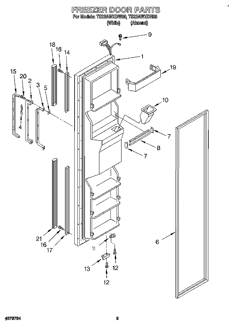 FREEZER DOOR Diagram and Parts List for TS22AWXDW00  Whirlpool Refrigerator