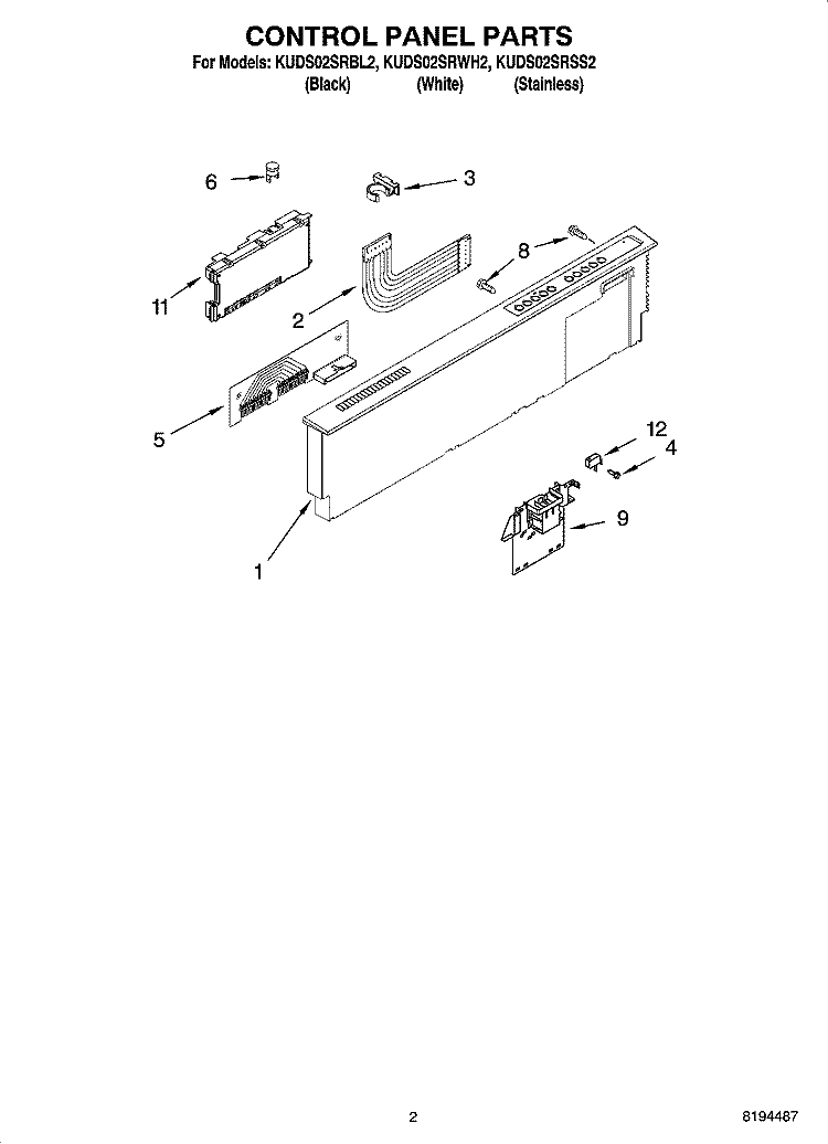 CONTROL PANEL PARTS Diagram and Parts List for KUDS02SRBL2  KitchenAid Dishwasher