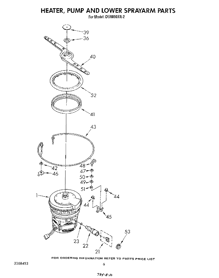 HEATER, PUMP AND LOWER SPRAYARM Diagram and Parts List for DU8000XR2  Whirlpool Dishwasher