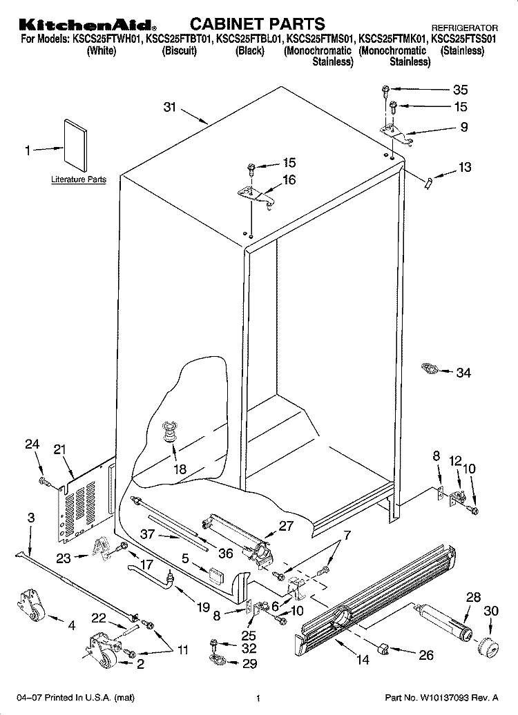 CABINET PARTS Diagram and Parts List for KSCS25FTMK01  KitchenAid Refrigerator