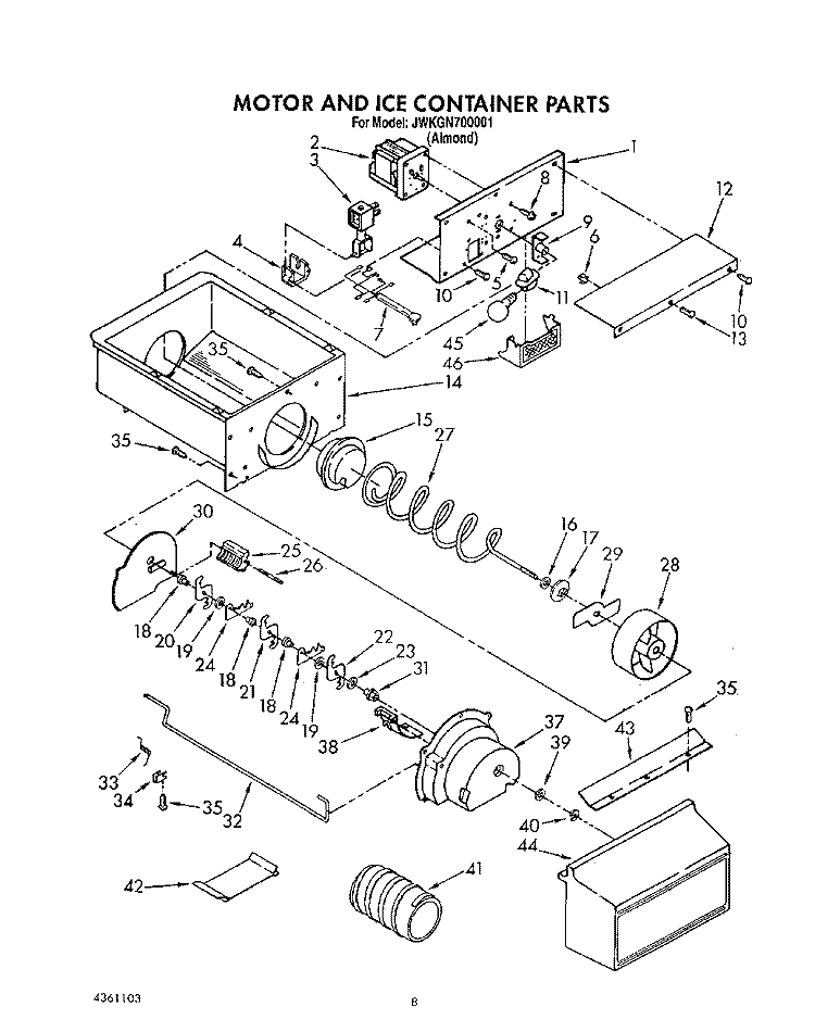 MOTOR AND ICE CONTAINER Diagram and Parts List for JWKGN700001  Whirlpool Refrigerator