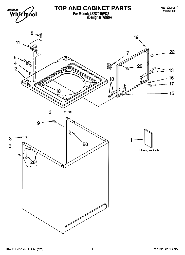 TOP AND CABINET PARTS Diagram and Parts List for LSR7010PQ2  Whirlpool Washer