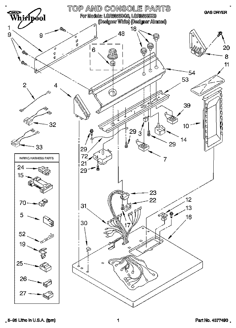 TOP AND CONSOLE, LIT/OPTIONAL Diagram and Parts List for LGR8858DQ0  Whirlpool Dryer