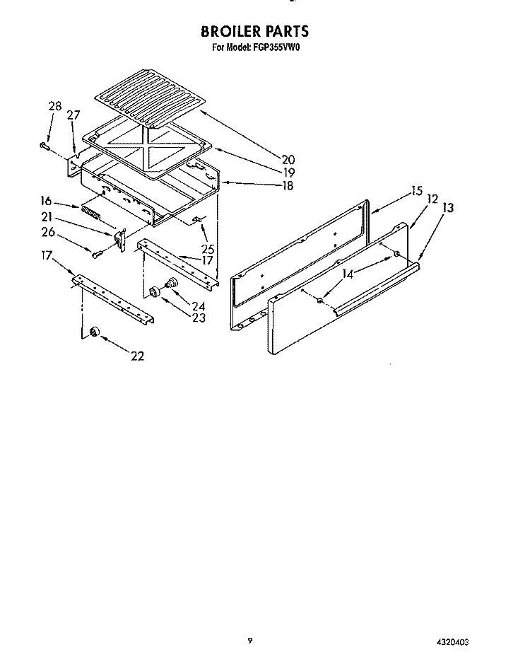 BROILER Diagram and Parts List for FGP355VL0  Whirlpool Range