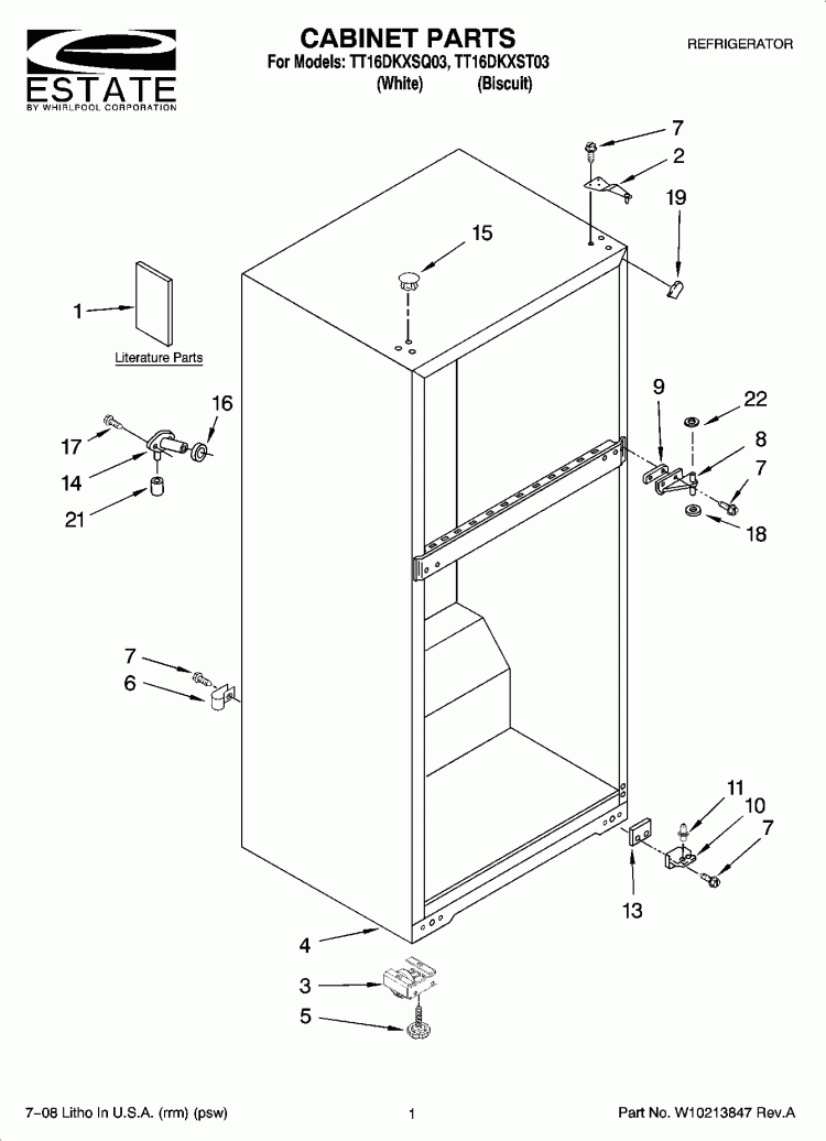 CABINET PARTS Diagram and Parts List for TT16DKXSQ03  Estate Refrigerator