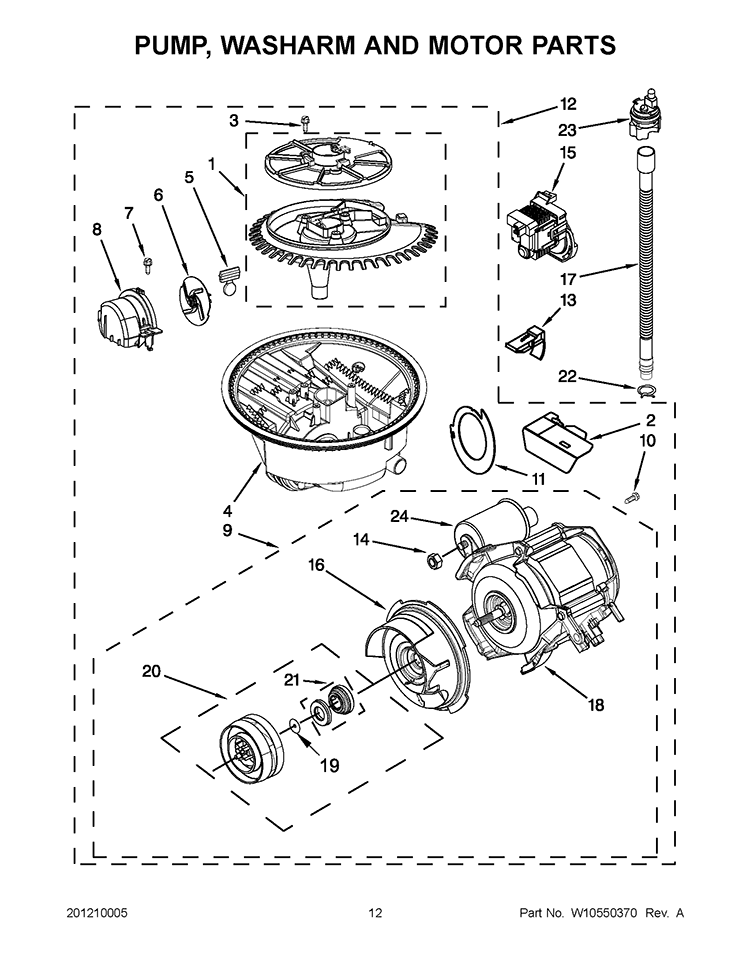 PUMP, WASHARM AND MOTOR PARTS Diagram and Parts List for KUDS35FBWH1  KitchenAid Dishwasher