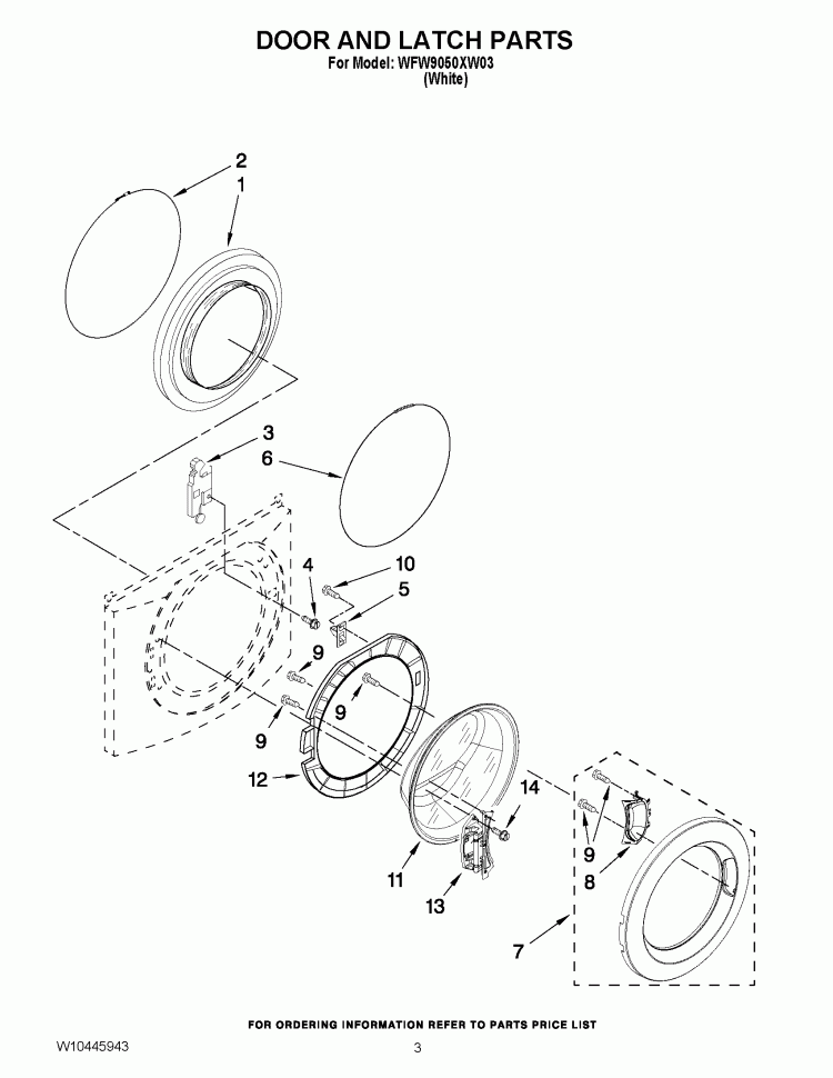 DOOR PARTS Diagram and Parts List for WFW9050XW03  Whirlpool Washer
