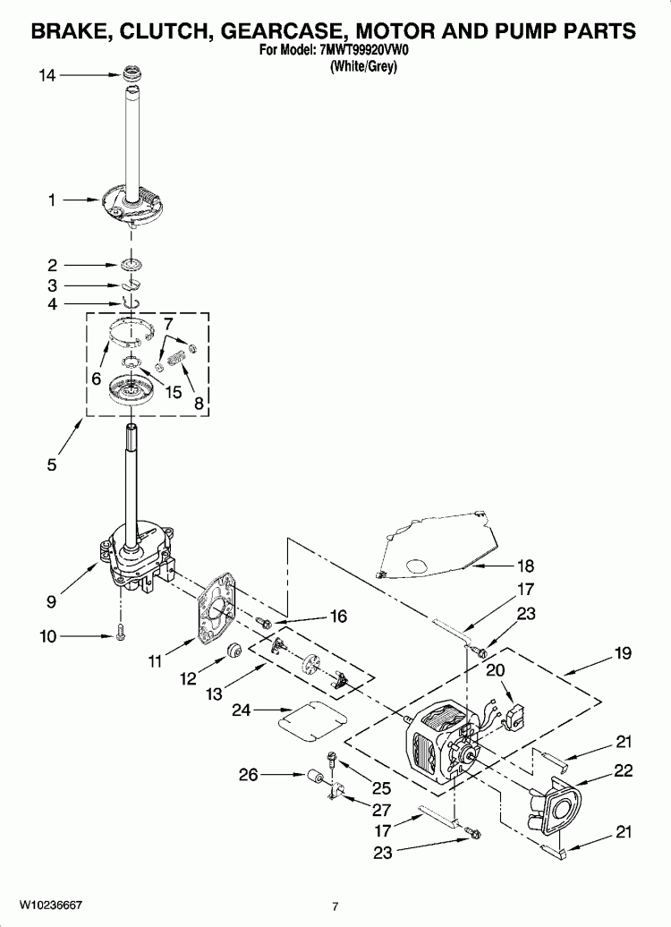 BRAKE, CLUTCH, GEARCASE, MOTOR AND PUMP PARTS Diagram and Parts List for 7MWT99920VW0  Whirlpool Washer