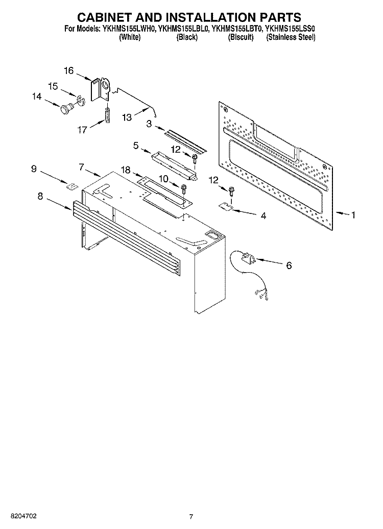 CABINET AND INSTALLATION PARTS Diagram and Parts List for YKHMS155LBL0  KitchenAid Microwave