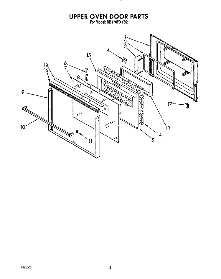 UPPER OVEN DOOR Diagram and Parts List for RB170PXYQ2  Whirlpool Wall Oven