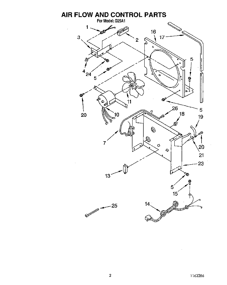 AIR FLOW AND CONTROL Diagram and Parts List for D25A1  Whirlpool Dehumidifier