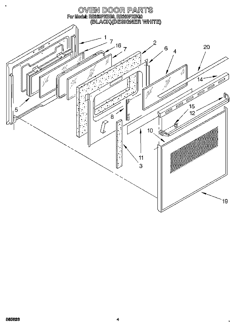 OVEN DOOR Diagram and Parts List for RB260PXBB0  Whirlpool Wall Oven