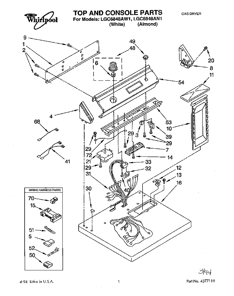 TOP & CONSOLE, LIT/OPTIONAL Diagram and Parts List for LGC6848AW1  Whirlpool Dryer
