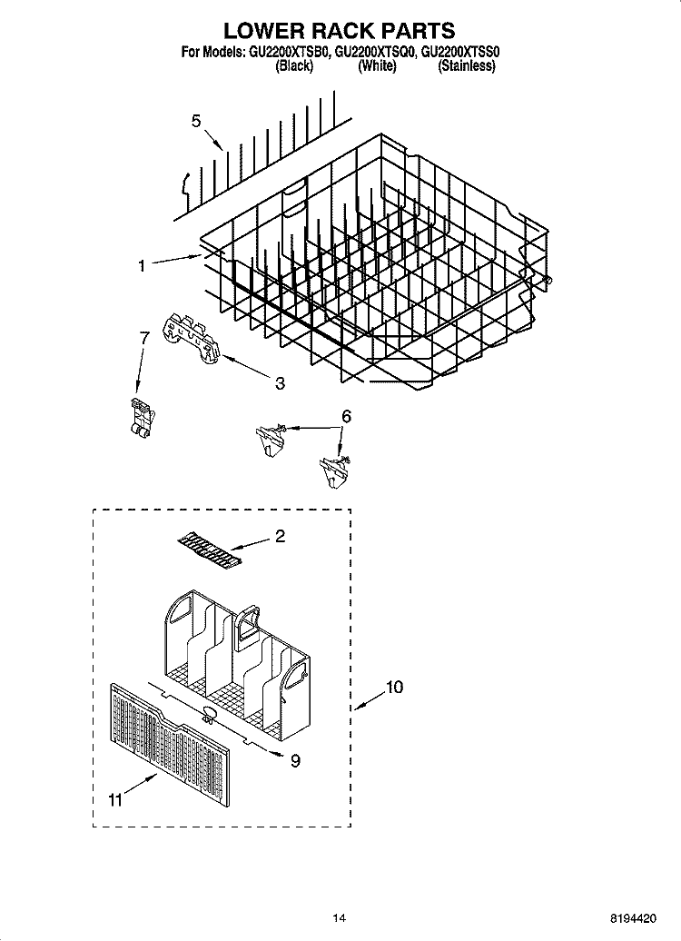 LOWER RACK PARTS, OPTIONAL PARTS (NOT INCLUDED) Diagram and Parts List for GU2200XTSB0  Whirlpool Dishwasher
