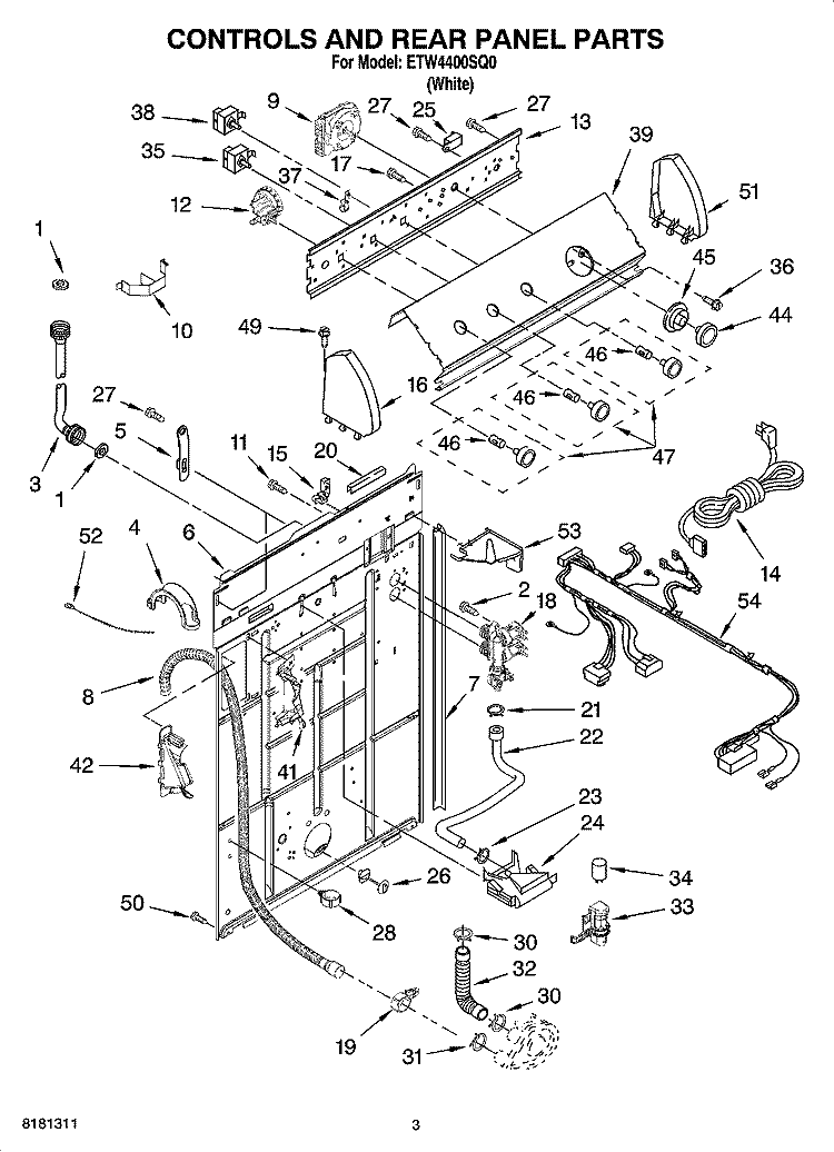 CONTROLS AND REAR PANEL PARTS Diagram and Parts List for ETW4400SQ0  Estate Washer