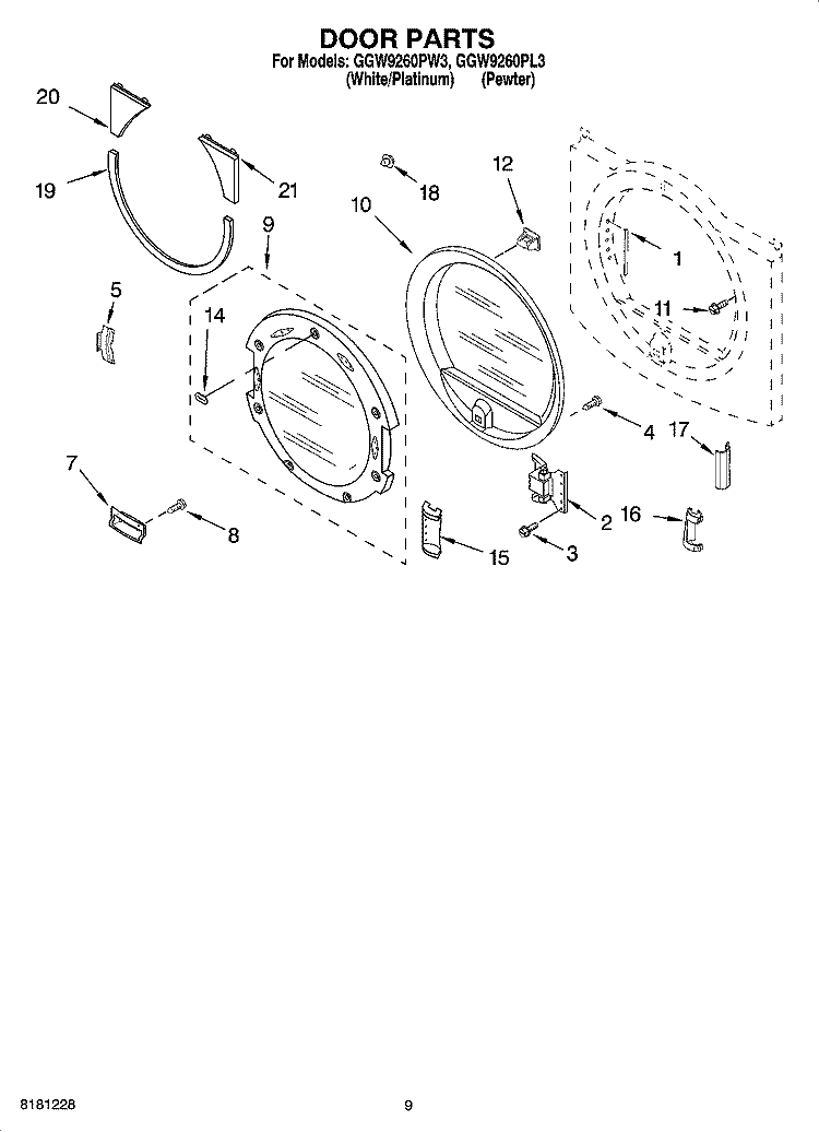 DOOR PARTS, OPTIONAL PARTS (NOT INCLUDED) Diagram and Parts List for GGW9260PW3  Whirlpool Dryer