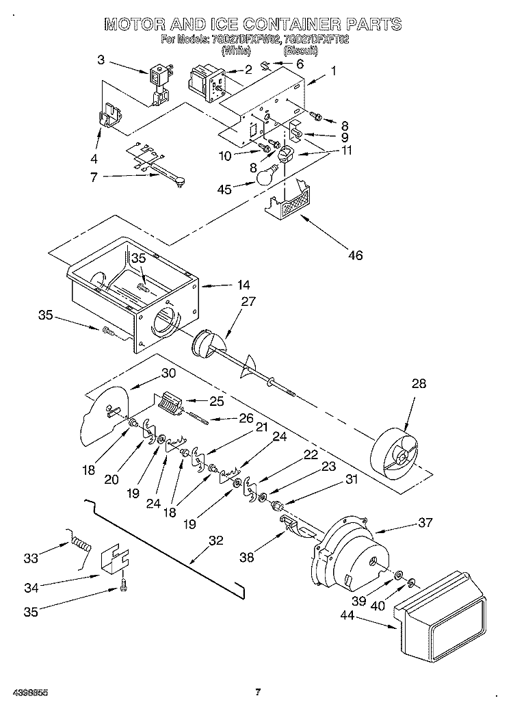 MOTOR AND ICE CONTAINER Diagram and Parts List for 7GD27DFXFT02  Whirlpool Refrigerator