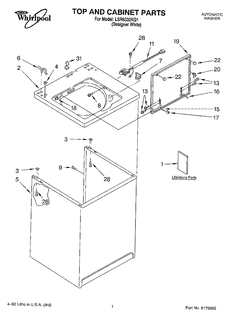 TOP AND CABINET PARTS Diagram and Parts List for LSR6332KQ1  Whirlpool Washer