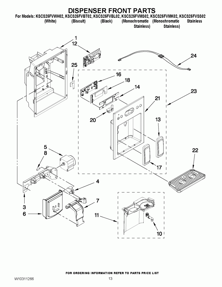 DISPENSER FRONT PARTS Diagram and Parts List for KSCS25FVBT02  KitchenAid Refrigerator