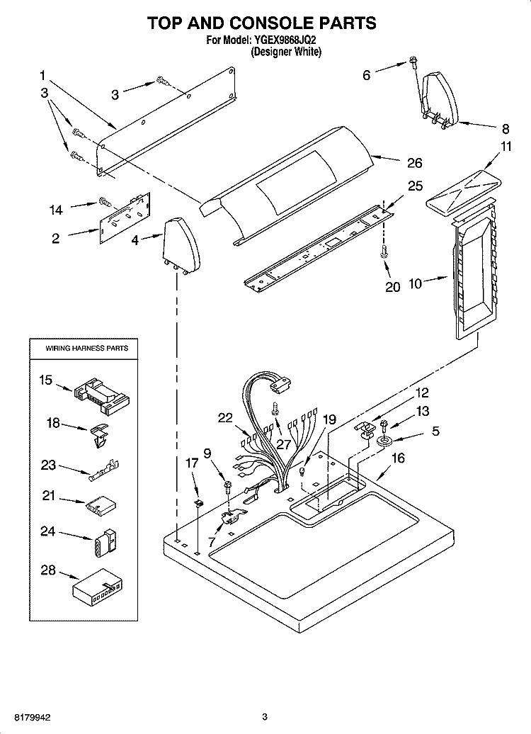 TOP AND CONSOLE PARTS Diagram and Parts List for YGEX9868JQ2  Whirlpool Dryer