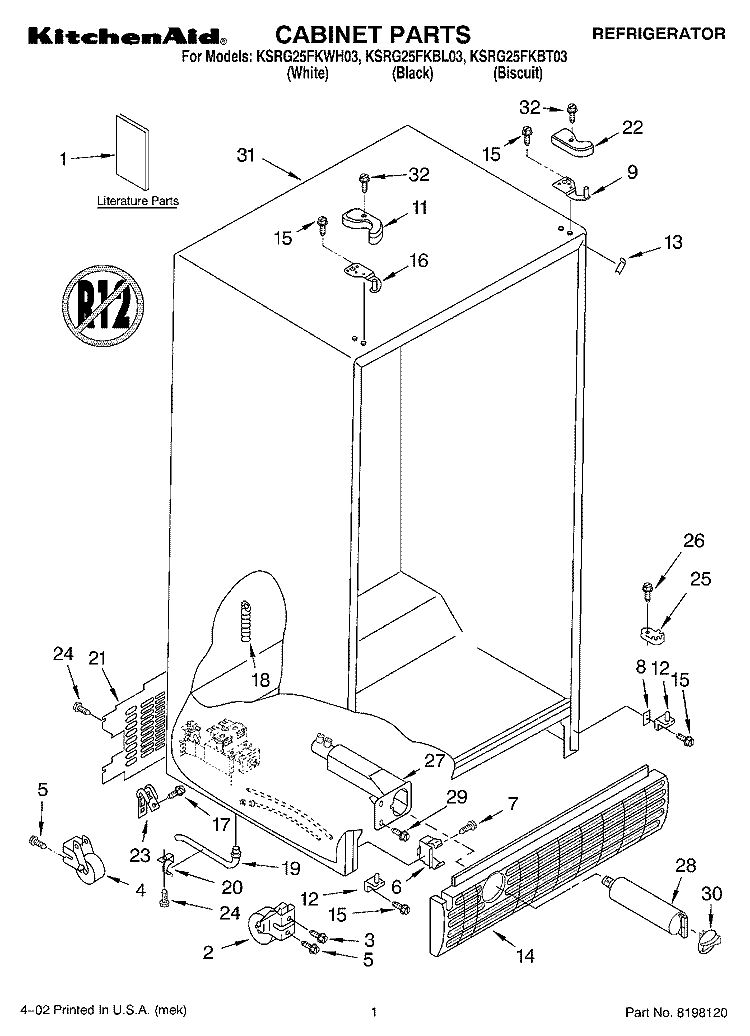 CABINET, LITERATURE Diagram and Parts List for KSRG25FKBL03  KitchenAid Refrigerator