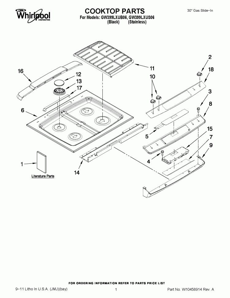COOKTOP PARTS Diagram and Parts List for GW399LXUB06  Whirlpool Range
