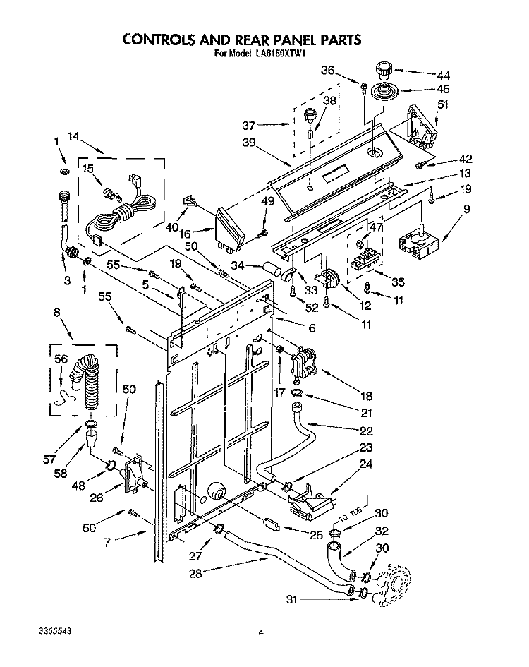 CONTROLS AND REAR PANEL Diagram and Parts List for LA6150XTG1  Whirlpool Washer
