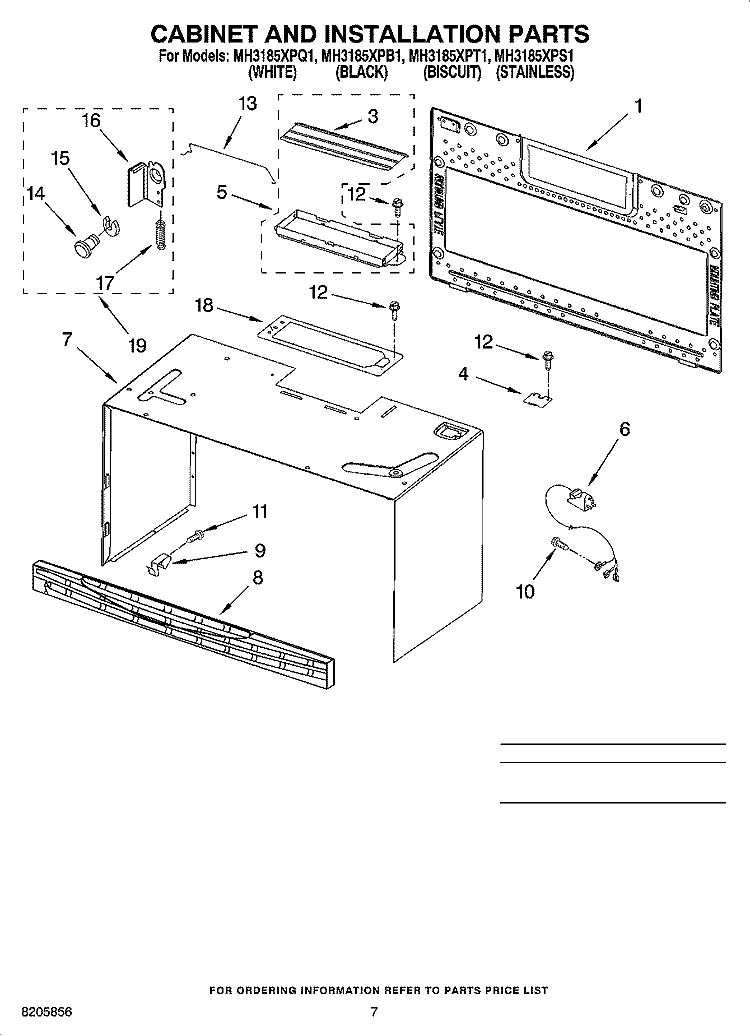 CABINET AND INSTALLATION PARTS Diagram and Parts List for MH3185XPS1  Whirlpool Microwave