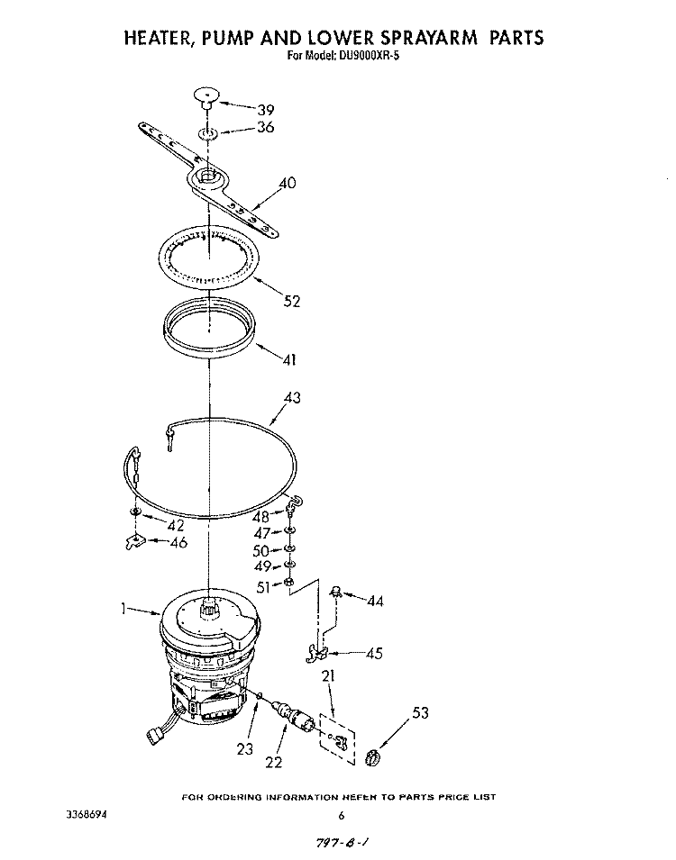 HEATER, PUMP AND LOWER SPRAY ARM Diagram and Parts List for DU9000XR5  Whirlpool Dishwasher