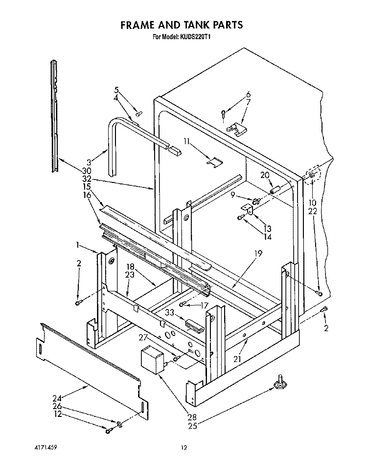 FRAME AND TANK Diagram and Parts List for KUDS220T1  KitchenAid Dishwasher