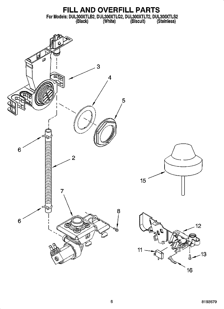 FILL AND OVERFILL PARTS Diagram and Parts List for DUL300XTLS2  Whirlpool Dishwasher