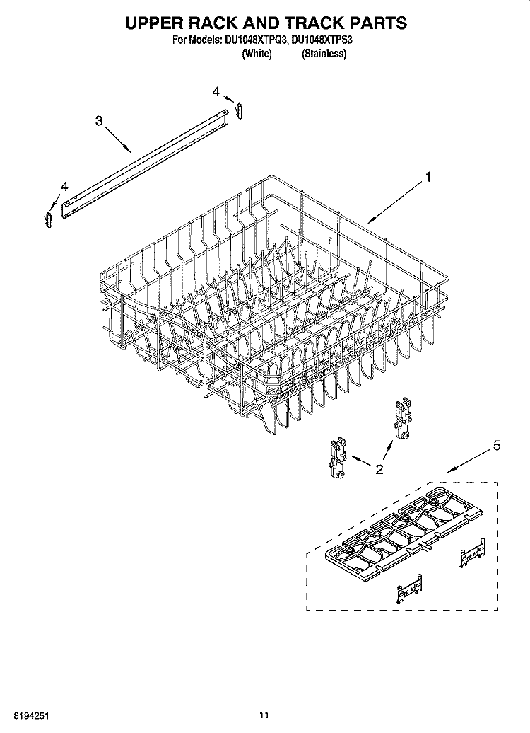 UPPER RACK AND TRACK PARTS Diagram and Parts List for DU1048XTPS3  Whirlpool Dishwasher