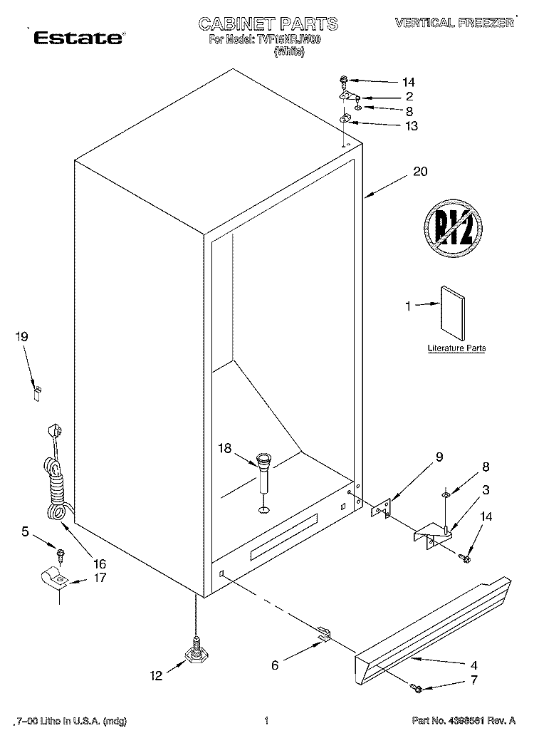 CABINET, LIT/OPTIONAL Diagram and Parts List for TVF15NRJW00  Whirlpool Freezer