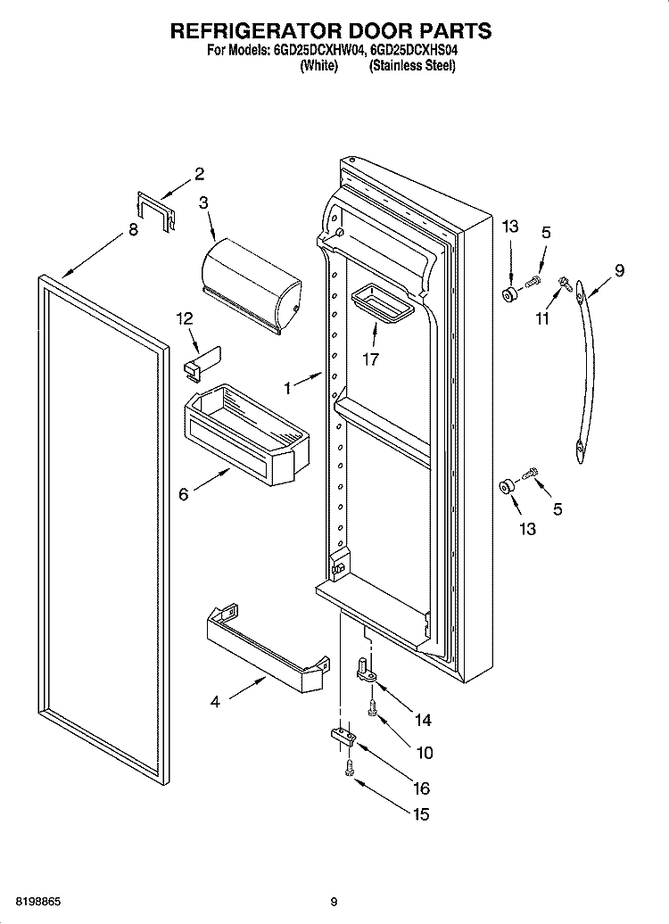 REFRIGERATOR DOOR PARTS Diagram and Parts List for 6GD25DCXHW04  Whirlpool Refrigerator