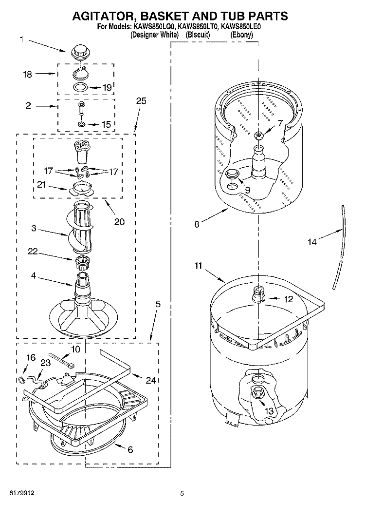 AGITATOR, BASKET AND TUB Diagram and Parts List for KAWS850LE0  KitchenAid Washer