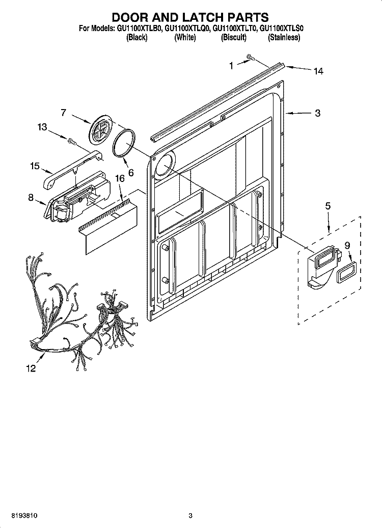 DOOR AND LATCH PARTS Diagram and Parts List for GU1100XTLB0  Whirlpool Dishwasher