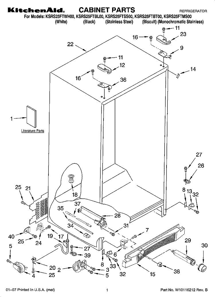 CABINET PARTS Diagram and Parts List for KSRS25FTBT00  KitchenAid Refrigerator