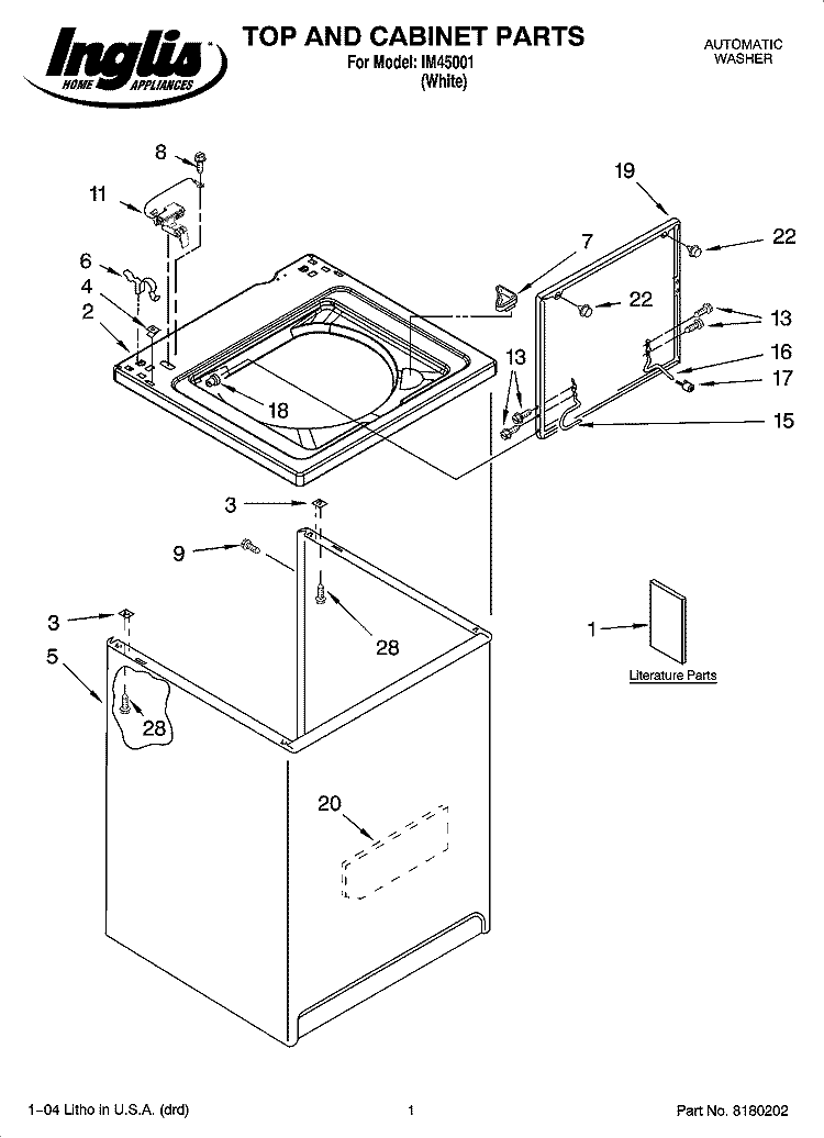 TOP AND CABINET PARTS Diagram and Parts List for IM45001  Inglis Washer