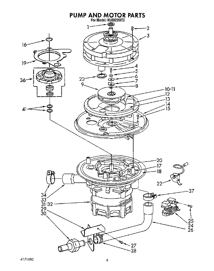 PUMP AND MOTOR Diagram and Parts List for KUDI22GT2  KitchenAid Dishwasher
