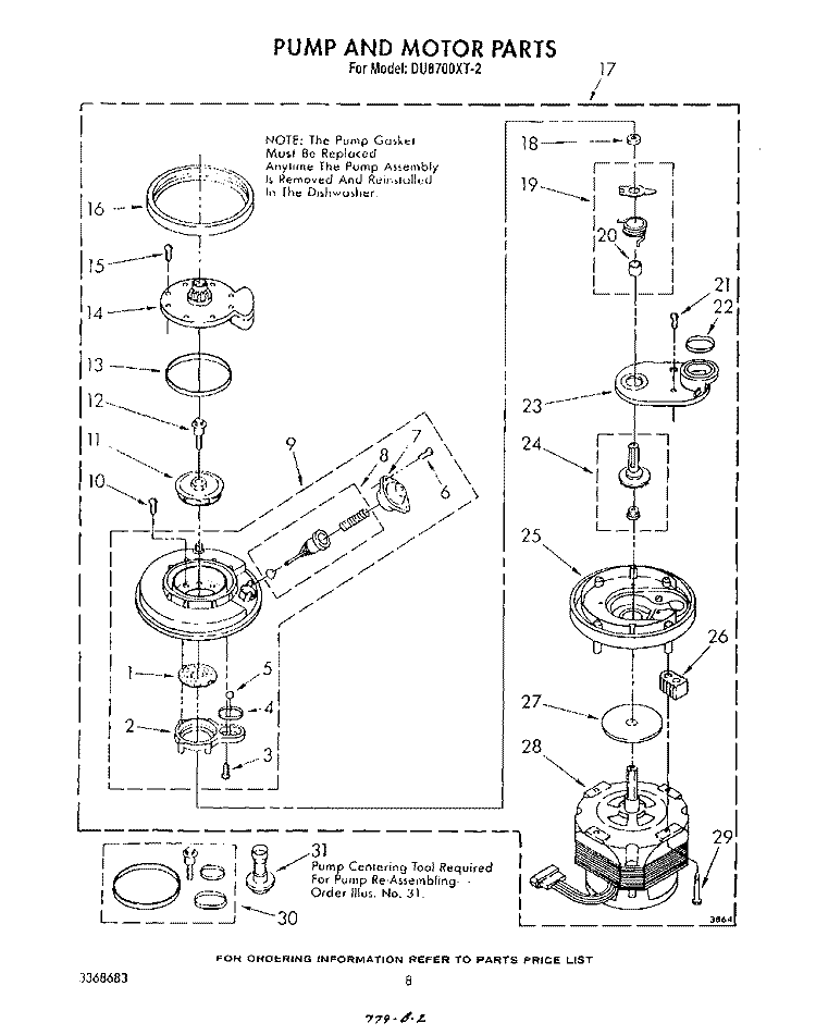 PUMP AND MOTOR Diagram and Parts List for DU8700XT2  Whirlpool Dishwasher