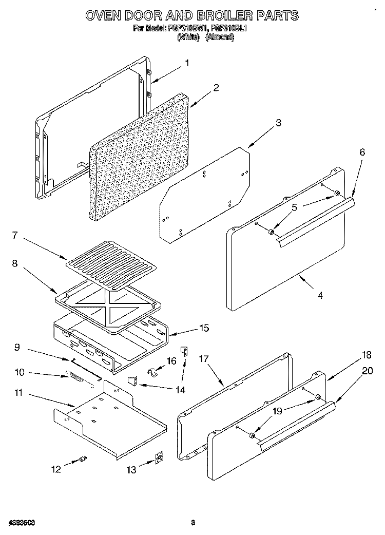 OVEN DOOR AND BROILER Diagram and Parts List for FGP310BL1  Roper Range