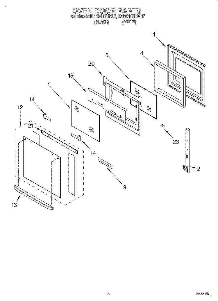 OVEN DOOR Diagram and Parts List for KEBS147DWH7  KitchenAid Wall Oven