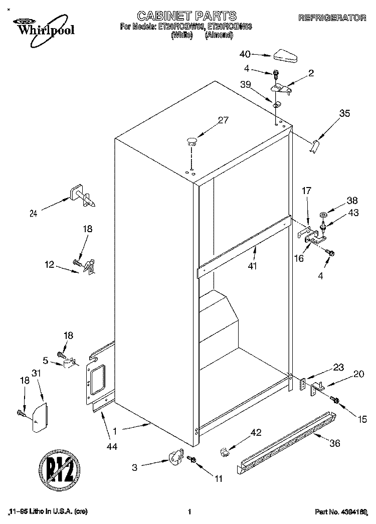 CABINET Diagram and Parts List for ET20PKXDW03  Whirlpool Refrigerator
